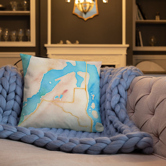 Custom Coos Bay Oregon Map Throw Pillow in Watercolor on Cream Colored Couch