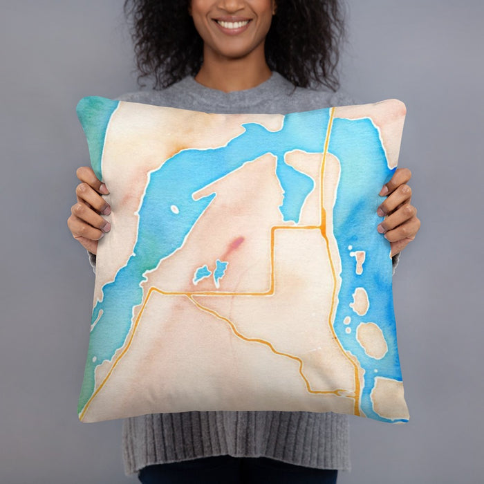 Person holding 18x18 Custom Coos Bay Oregon Map Throw Pillow in Watercolor