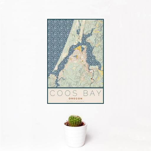 12x18 Coos Bay Oregon Map Print Portrait Orientation in Woodblock Style With Small Cactus Plant in White Planter