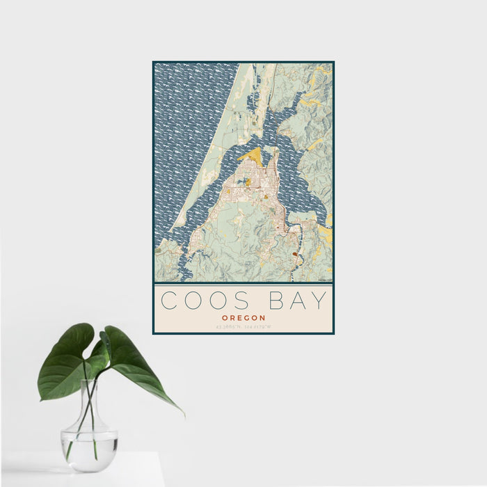 16x24 Coos Bay Oregon Map Print Portrait Orientation in Woodblock Style With Tropical Plant Leaves in Water