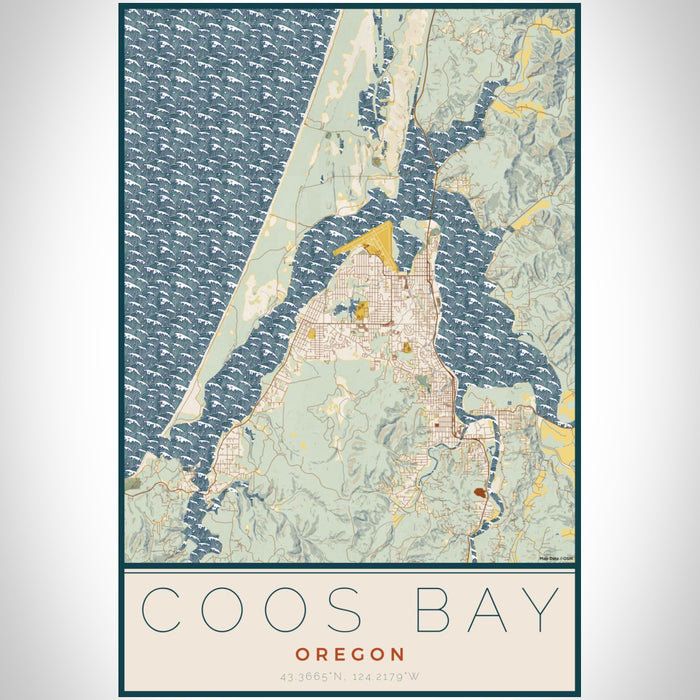 Coos Bay Oregon Map Print Portrait Orientation in Woodblock Style With Shaded Background