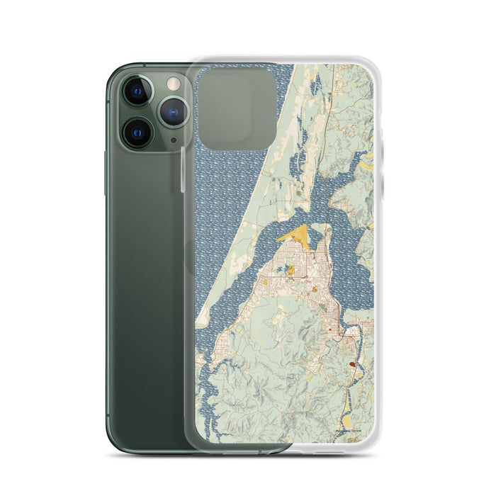 Custom Coos Bay Oregon Map Phone Case in Woodblock on Table with Laptop and Plant