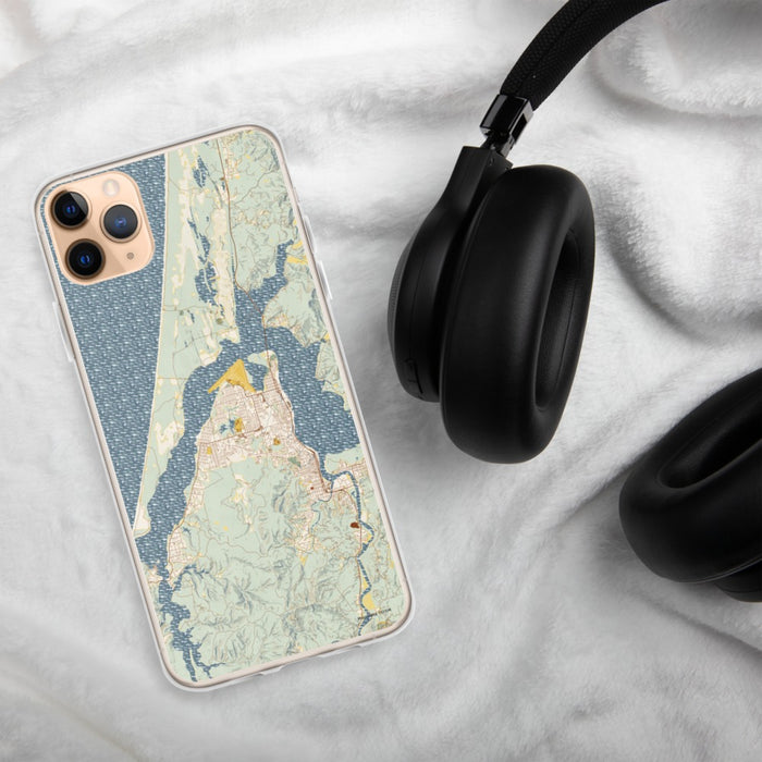 Custom Coos Bay Oregon Map Phone Case in Woodblock on Table with Black Headphones