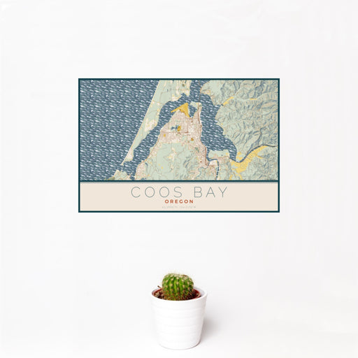 12x18 Coos Bay Oregon Map Print Landscape Orientation in Woodblock Style With Small Cactus Plant in White Planter