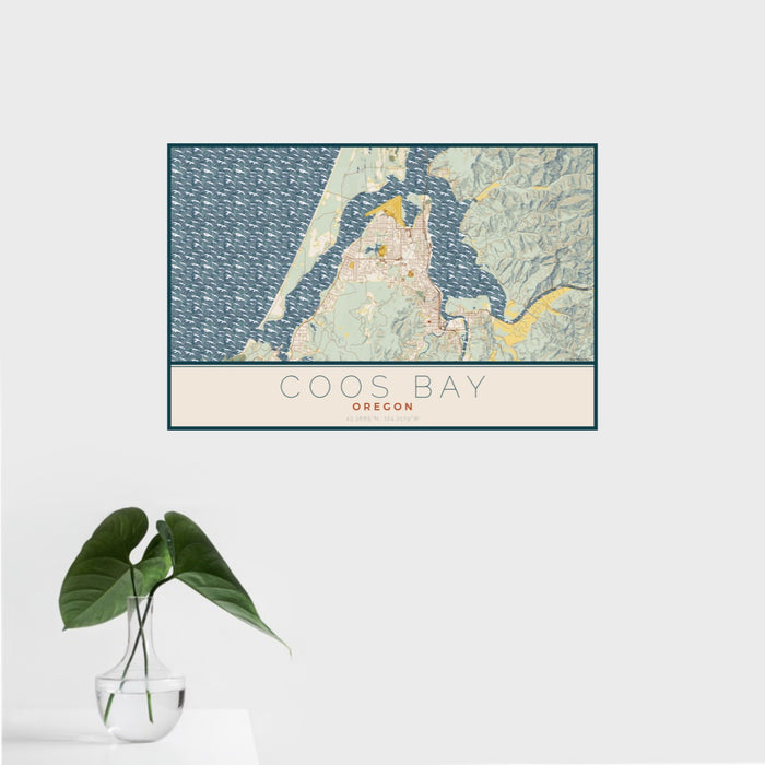 16x24 Coos Bay Oregon Map Print Landscape Orientation in Woodblock Style With Tropical Plant Leaves in Water