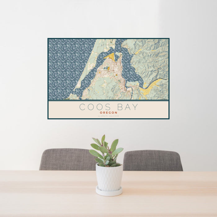 24x36 Coos Bay Oregon Map Print Landscape Orientation in Woodblock Style Behind 2 Chairs Table and Potted Plant