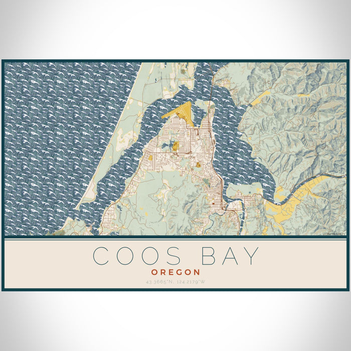 Coos Bay Oregon Map Print Landscape Orientation in Woodblock Style With Shaded Background