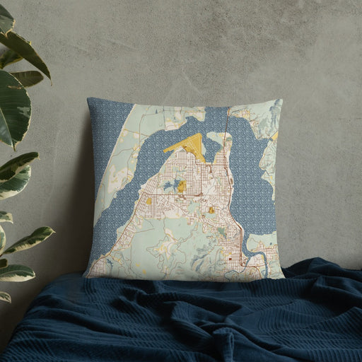 Custom Coos Bay Oregon Map Throw Pillow in Woodblock on Bedding Against Wall