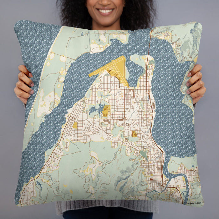 Person holding 22x22 Custom Coos Bay Oregon Map Throw Pillow in Woodblock