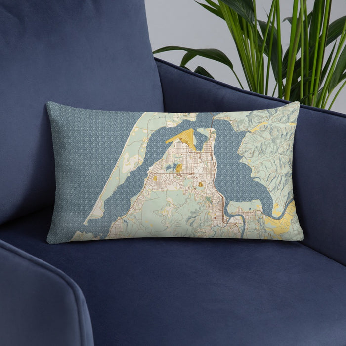 Custom Coos Bay Oregon Map Throw Pillow in Woodblock on Blue Colored Chair