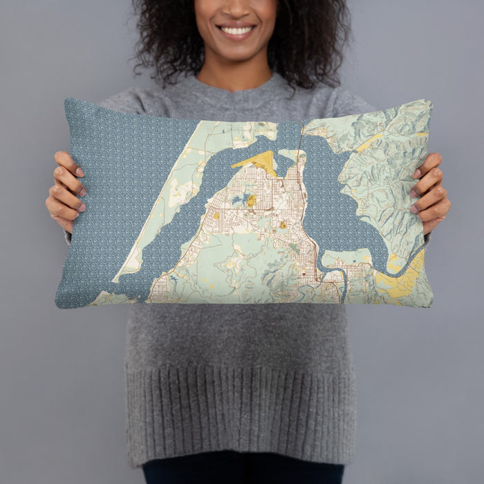 Person holding 20x12 Custom Coos Bay Oregon Map Throw Pillow in Woodblock