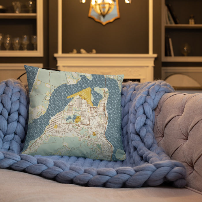 Custom Coos Bay Oregon Map Throw Pillow in Woodblock on Cream Colored Couch