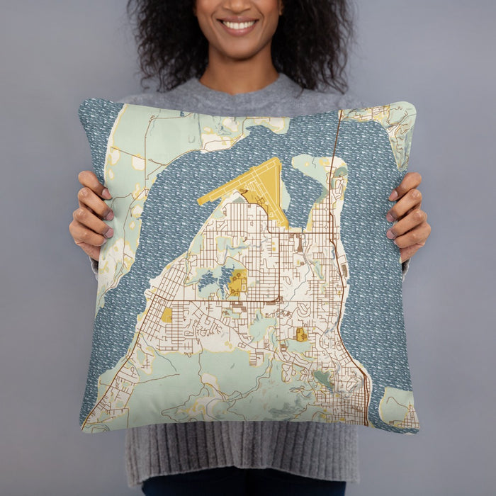 Person holding 18x18 Custom Coos Bay Oregon Map Throw Pillow in Woodblock