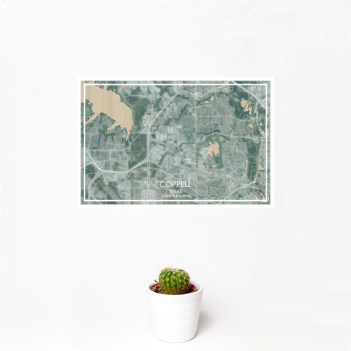 12x18 Coppell Texas Map Print Landscape Orientation in Afternoon Style With Small Cactus Plant in White Planter