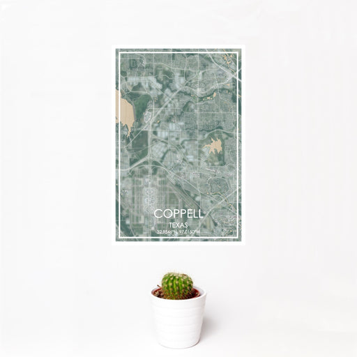12x18 Coppell Texas Map Print Portrait Orientation in Afternoon Style With Small Cactus Plant in White Planter
