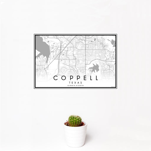 12x18 Coppell Texas Map Print Landscape Orientation in Classic Style With Small Cactus Plant in White Planter