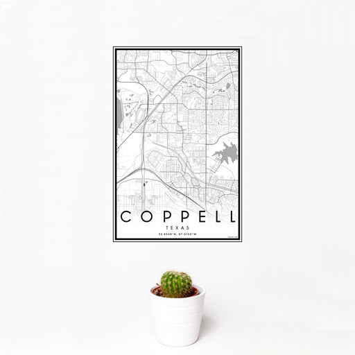 12x18 Coppell Texas Map Print Portrait Orientation in Classic Style With Small Cactus Plant in White Planter