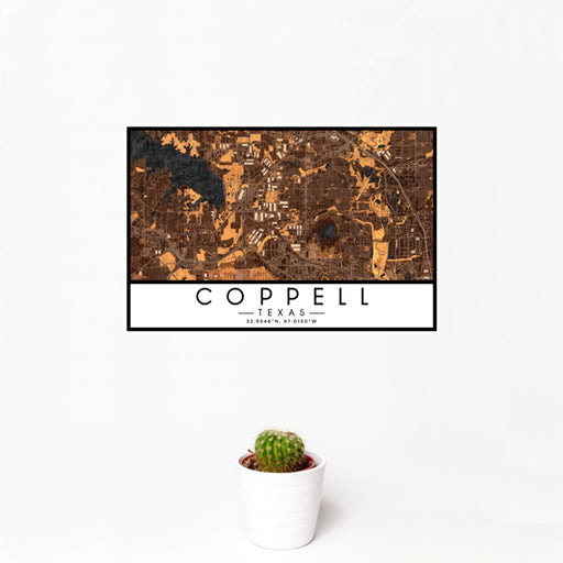 12x18 Coppell Texas Map Print Landscape Orientation in Ember Style With Small Cactus Plant in White Planter