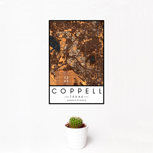 12x18 Coppell Texas Map Print Portrait Orientation in Ember Style With Small Cactus Plant in White Planter