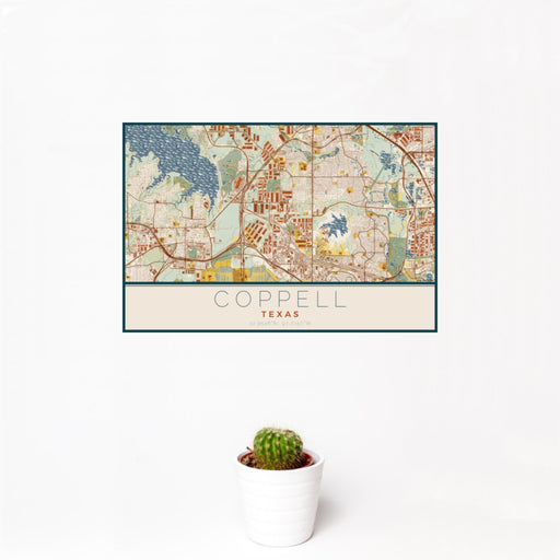 12x18 Coppell Texas Map Print Landscape Orientation in Woodblock Style With Small Cactus Plant in White Planter