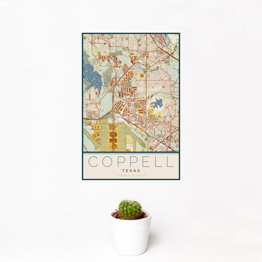 12x18 Coppell Texas Map Print Portrait Orientation in Woodblock Style With Small Cactus Plant in White Planter