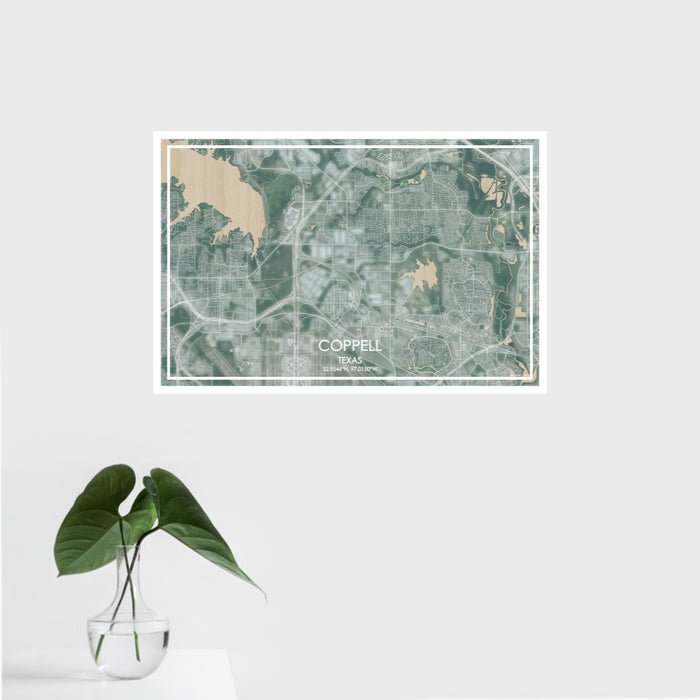 16x24 Coppell Texas Map Print Landscape Orientation in Afternoon Style With Tropical Plant Leaves in Water