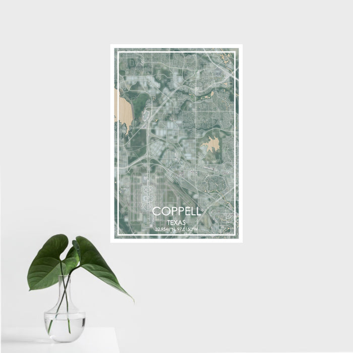 16x24 Coppell Texas Map Print Portrait Orientation in Afternoon Style With Tropical Plant Leaves in Water