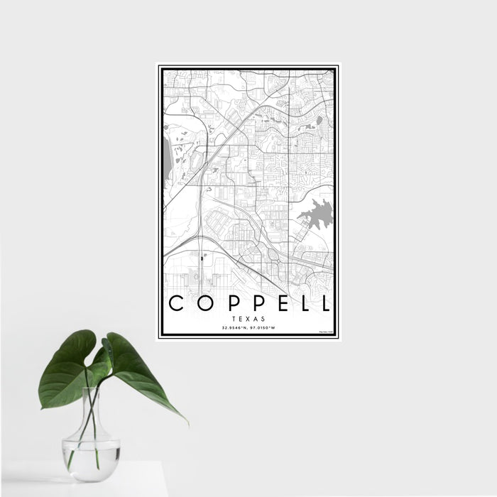 16x24 Coppell Texas Map Print Portrait Orientation in Classic Style With Tropical Plant Leaves in Water