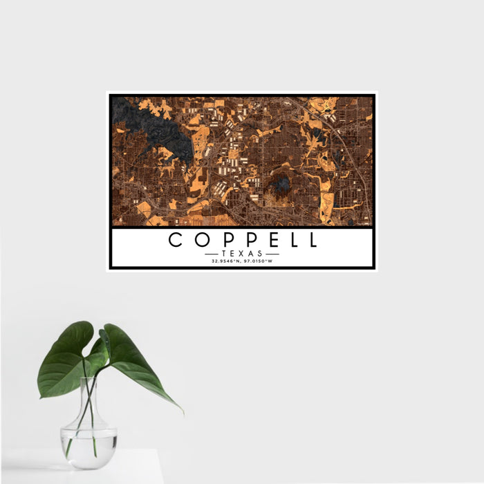 16x24 Coppell Texas Map Print Landscape Orientation in Ember Style With Tropical Plant Leaves in Water