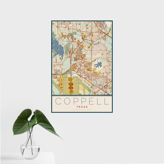 16x24 Coppell Texas Map Print Portrait Orientation in Woodblock Style With Tropical Plant Leaves in Water