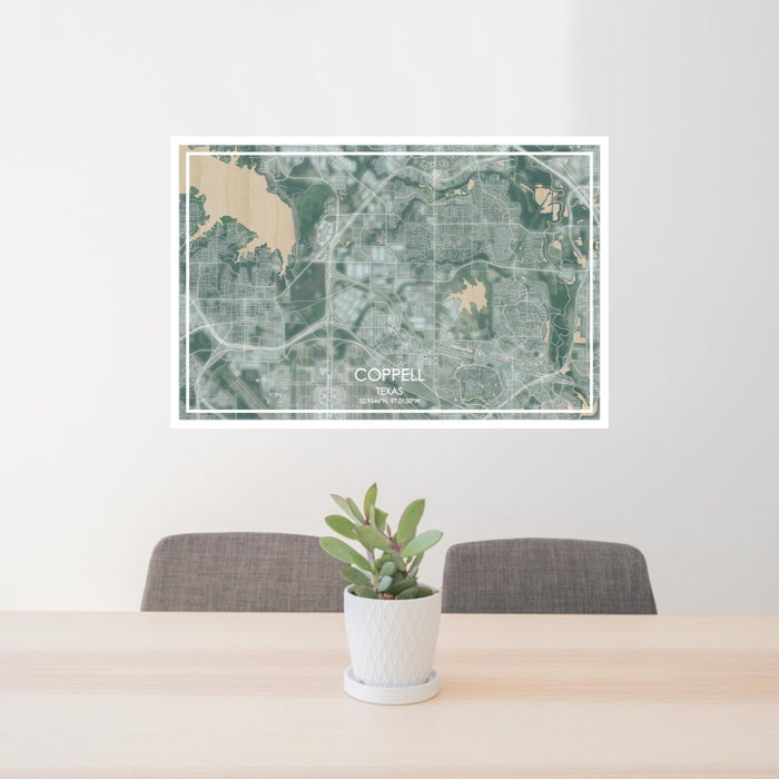 24x36 Coppell Texas Map Print Lanscape Orientation in Afternoon Style Behind 2 Chairs Table and Potted Plant