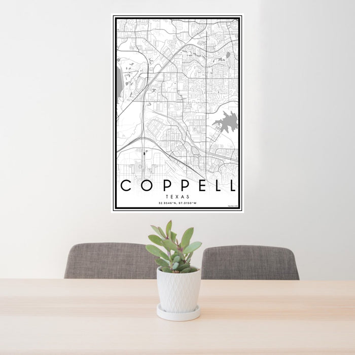 24x36 Coppell Texas Map Print Portrait Orientation in Classic Style Behind 2 Chairs Table and Potted Plant
