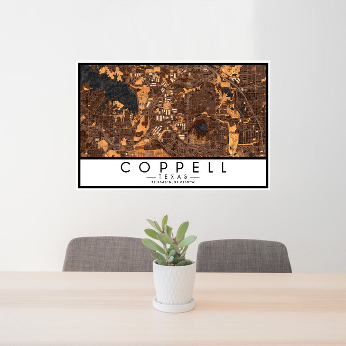 24x36 Coppell Texas Map Print Lanscape Orientation in Ember Style Behind 2 Chairs Table and Potted Plant