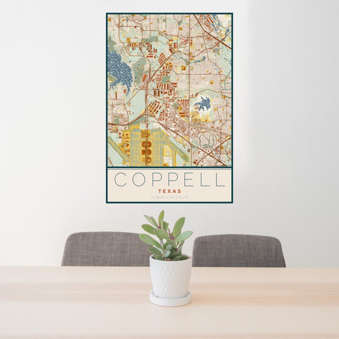24x36 Coppell Texas Map Print Portrait Orientation in Woodblock Style Behind 2 Chairs Table and Potted Plant