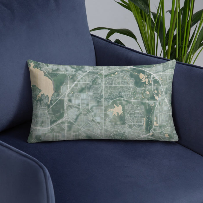 Custom Coppell Texas Map Throw Pillow in Afternoon on Blue Colored Chair