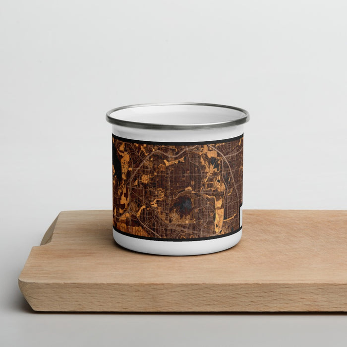 Front View Custom Coppell Texas Map Enamel Mug in Ember on Cutting Board