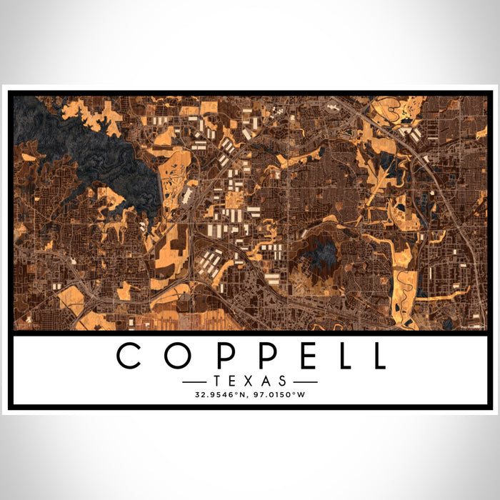 Coppell Texas Map Print Landscape Orientation in Ember Style With Shaded Background