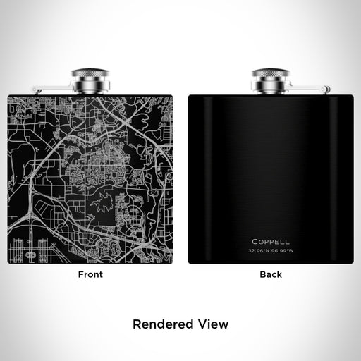 Rendered View of Coppell Texas Map Engraving on 6oz Stainless Steel Flask in Black