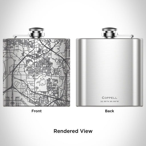 Rendered View of Coppell Texas Map Engraving on 6oz Stainless Steel Flask