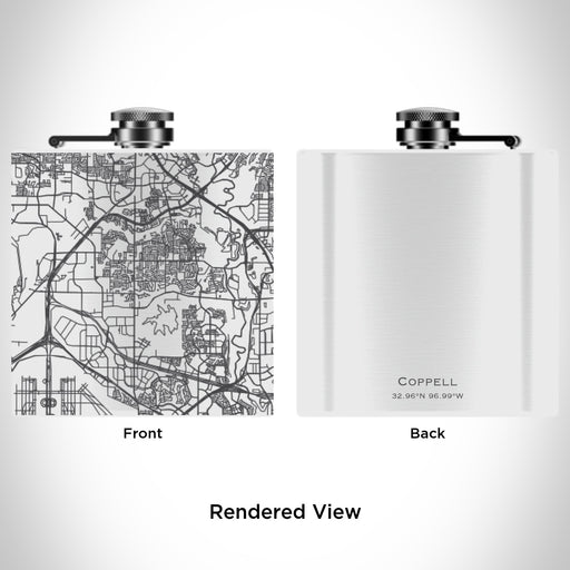 Rendered View of Coppell Texas Map Engraving on 6oz Stainless Steel Flask in White