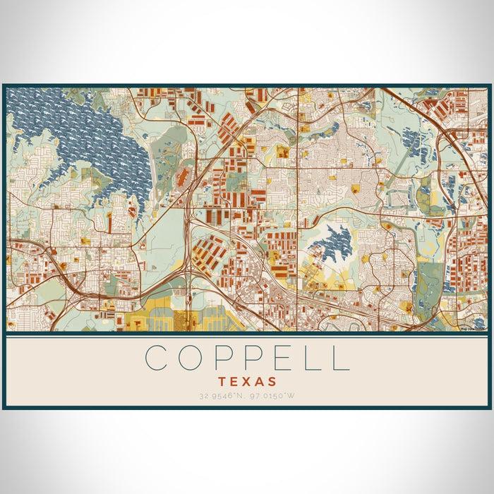 Coppell Texas Map Print Landscape Orientation in Woodblock Style With Shaded Background