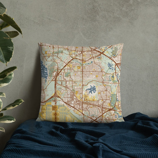 Custom Coppell Texas Map Throw Pillow in Woodblock on Bedding Against Wall