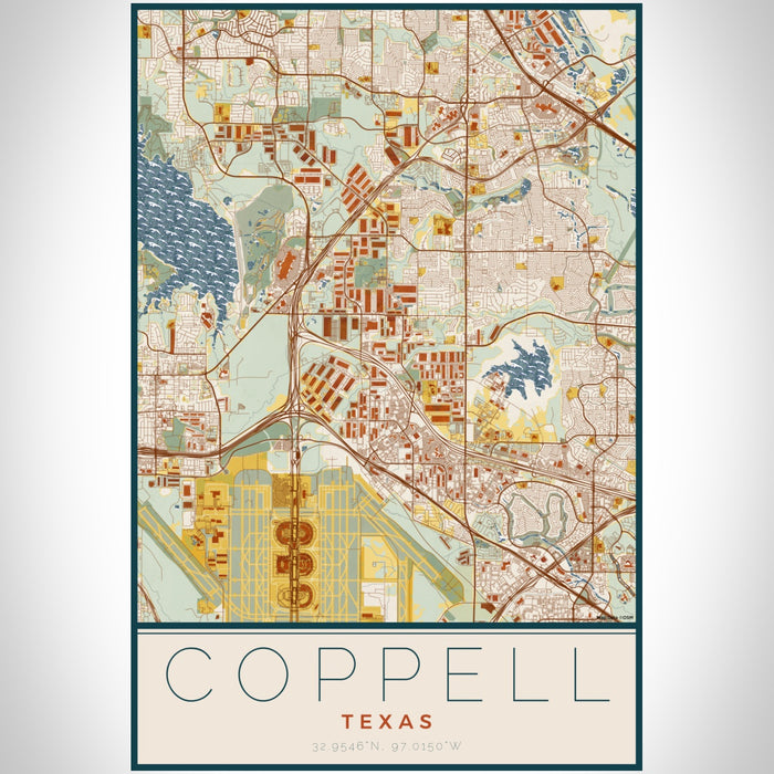 Coppell Texas Map Print Portrait Orientation in Woodblock Style With Shaded Background