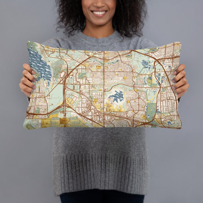 Person holding 20x12 Custom Coppell Texas Map Throw Pillow in Woodblock