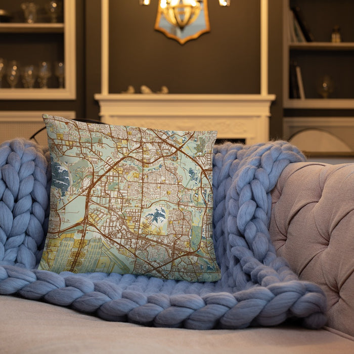 Custom Coppell Texas Map Throw Pillow in Woodblock on Cream Colored Couch
