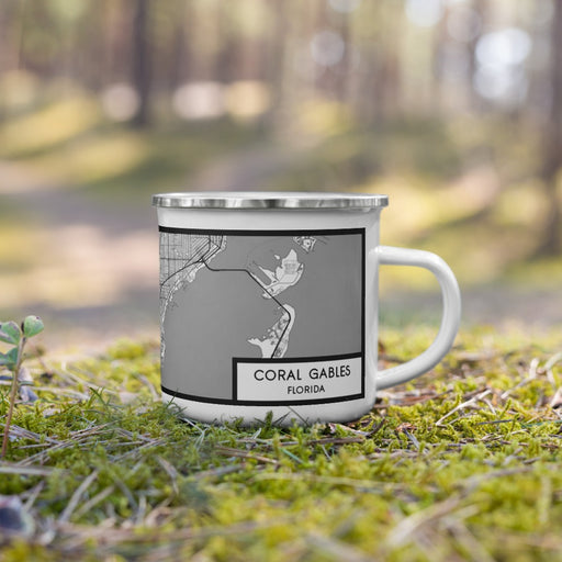 Right View Custom Coral Gables Florida Map Enamel Mug in Classic on Grass With Trees in Background