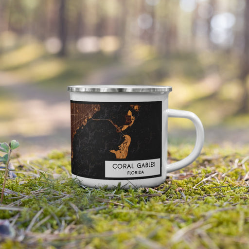 Right View Custom Coral Gables Florida Map Enamel Mug in Ember on Grass With Trees in Background