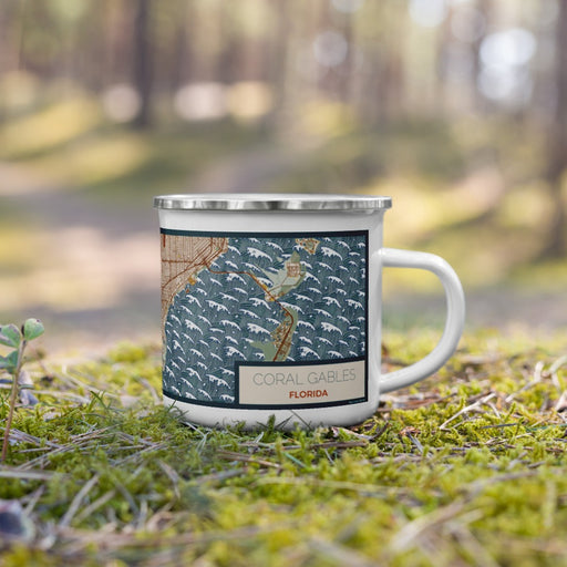 Right View Custom Coral Gables Florida Map Enamel Mug in Woodblock on Grass With Trees in Background