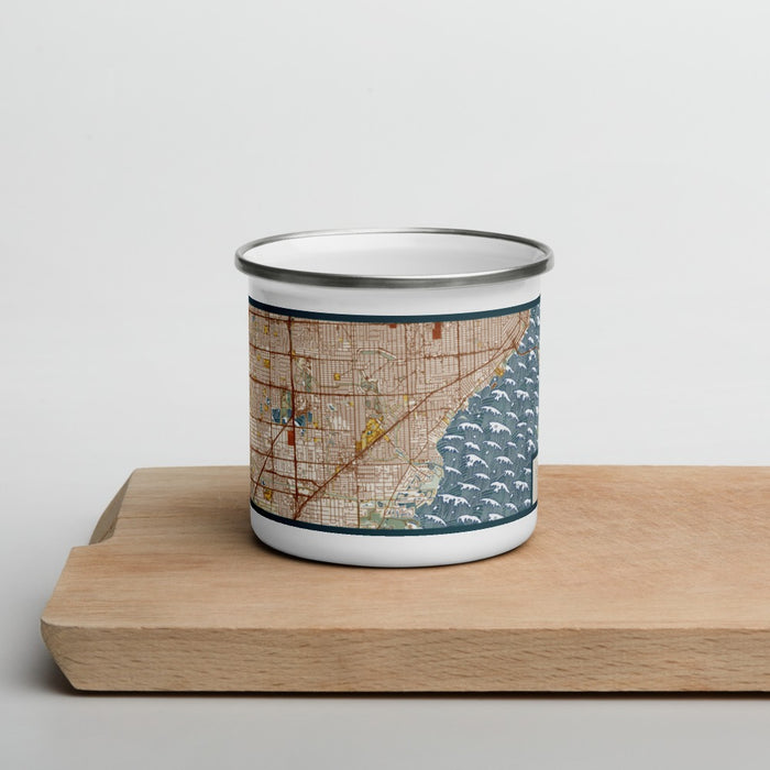 Front View Custom Coral Gables Florida Map Enamel Mug in Woodblock on Cutting Board