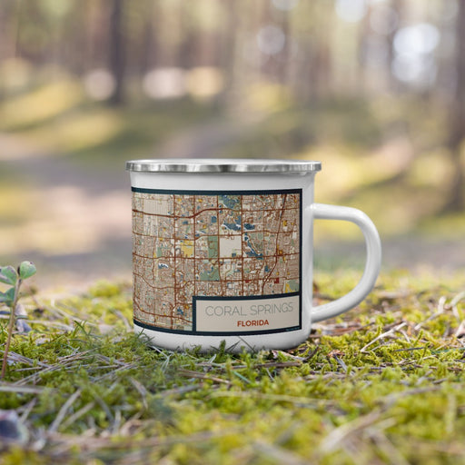 Right View Custom Coral Springs Florida Map Enamel Mug in Woodblock on Grass With Trees in Background